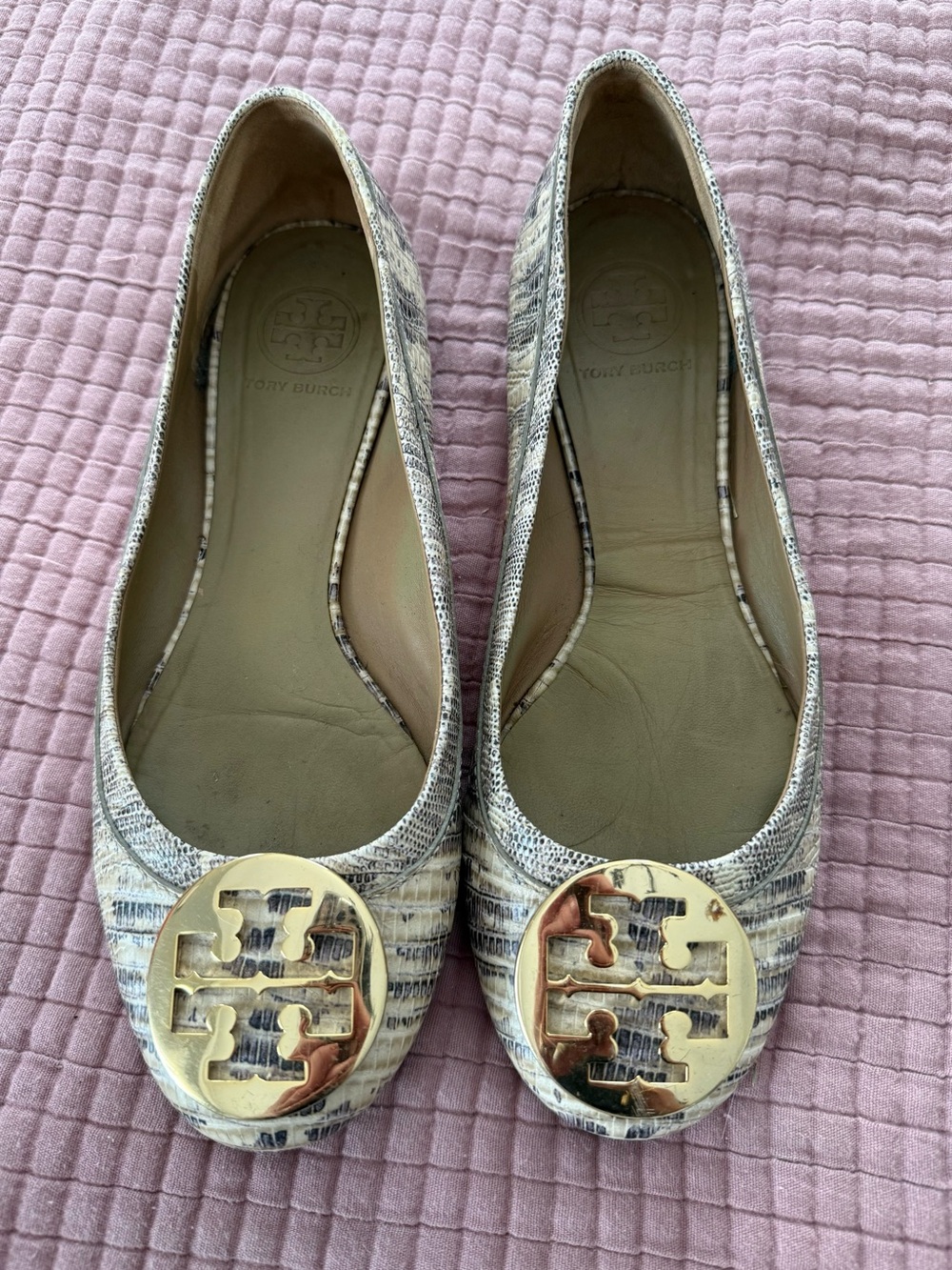 Tory Burch Women's Snake-Print Logo Ballet Flats in Neutral Beige 8.5